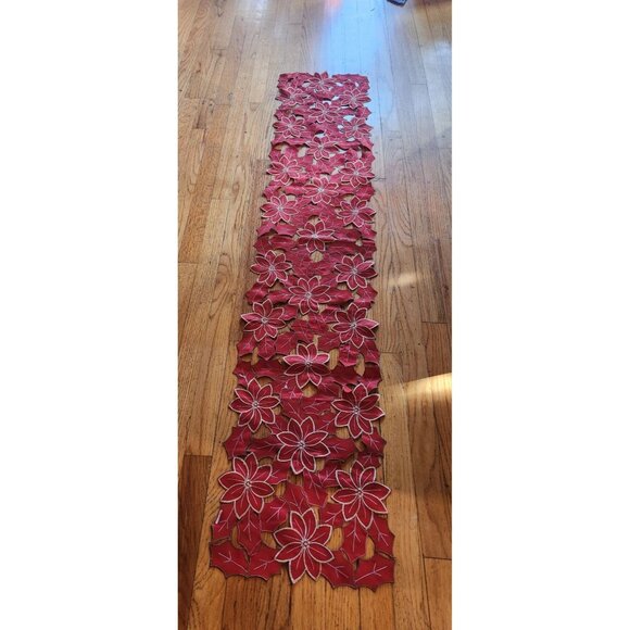 Red poinsetta table runner with gold accents christmas cut out pattern13"x65" - Picture 1 of 4